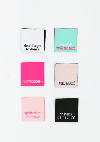 Webetiketten-Set „bonbon/schwarz“ mit 6 Labels in Rosa, Pink, Mint, Weiß & Schwarz. Perfekt für Kleidung, DIY & selbstgenähte Unikate.